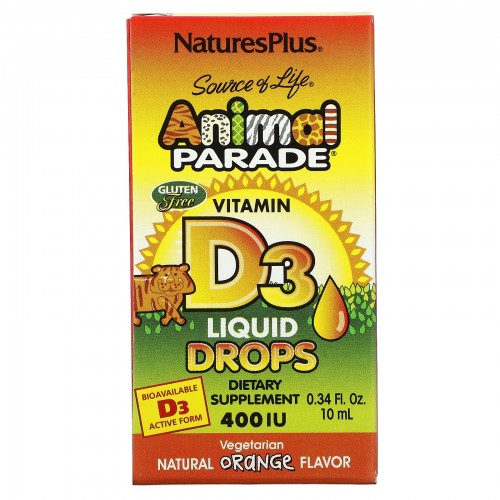 NaturesPlus, Source of Life, Animal Parade, витамин D3 в каплях, с натуральным апельсиновым вкусом, 400 МЕ, 10 мл (0,34 жидк. унции)
